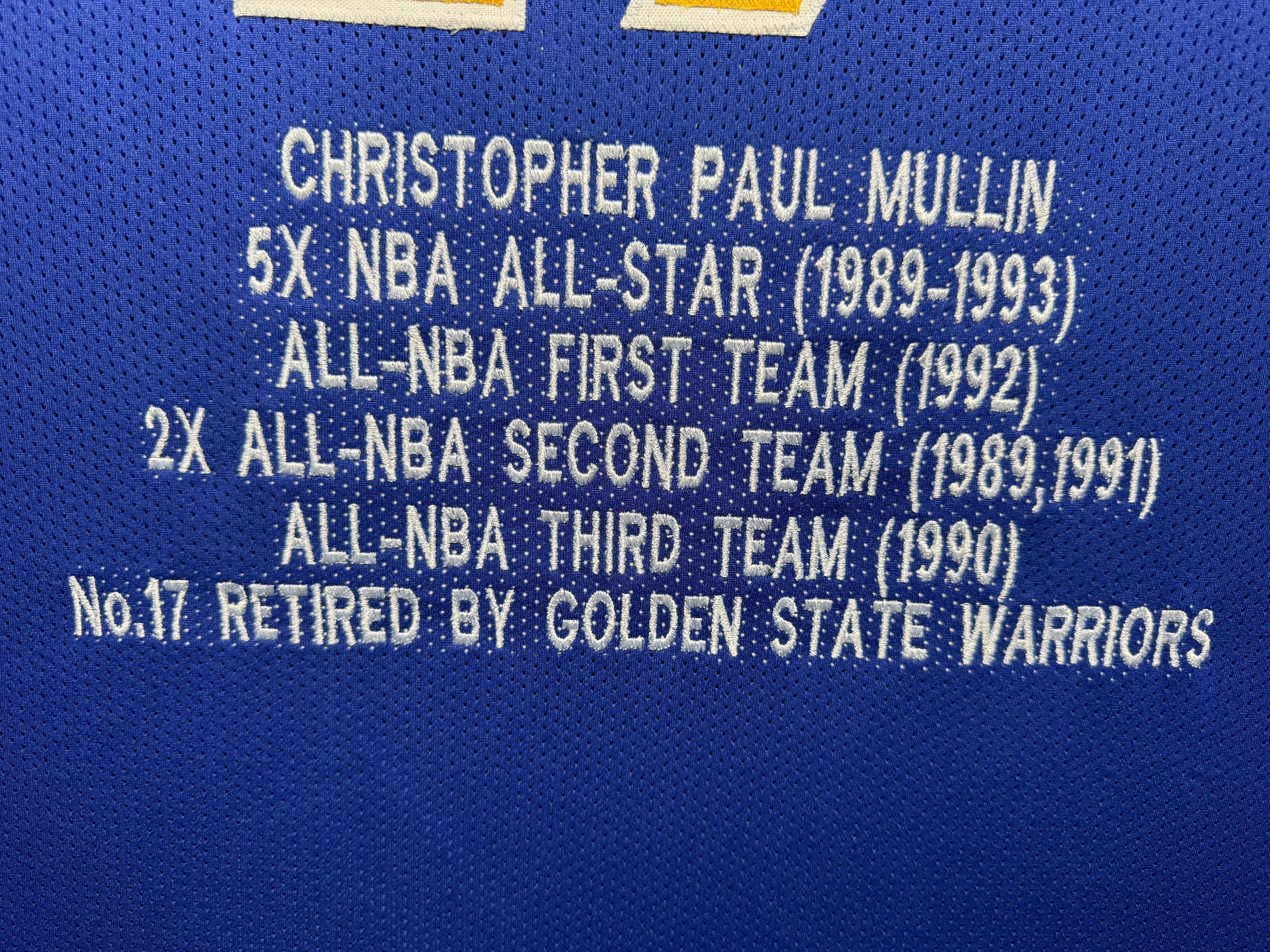 Maillot Custom avec statistiques de carrière Golden Sate Warriors signe par Chris Mullin et certifie par Beckett authentic-signatures
