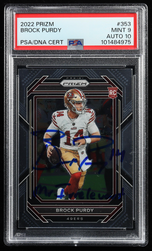 UNIQUE SIGNATURE "MR IRRELEVANT" Brock Purdy Signed 2022 Panini Prizm 353 RC Inscribed "Mr Irrelevant" (PSA 9 | AUTO 10)