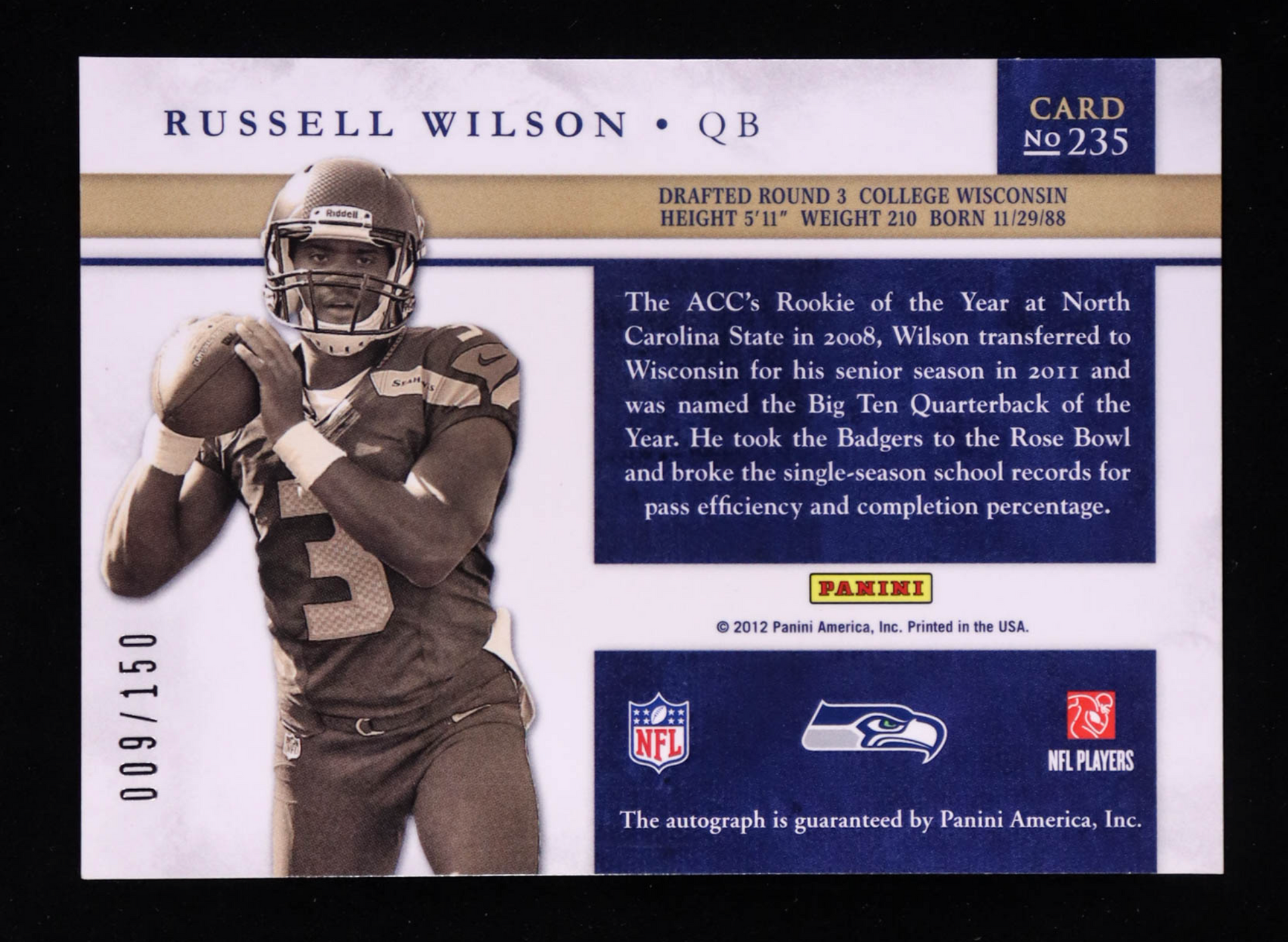 Russell Wilson 2012 Panini Prominence Rookie Team Helmet Autographs #235 #009/150 RC authentic-signatures