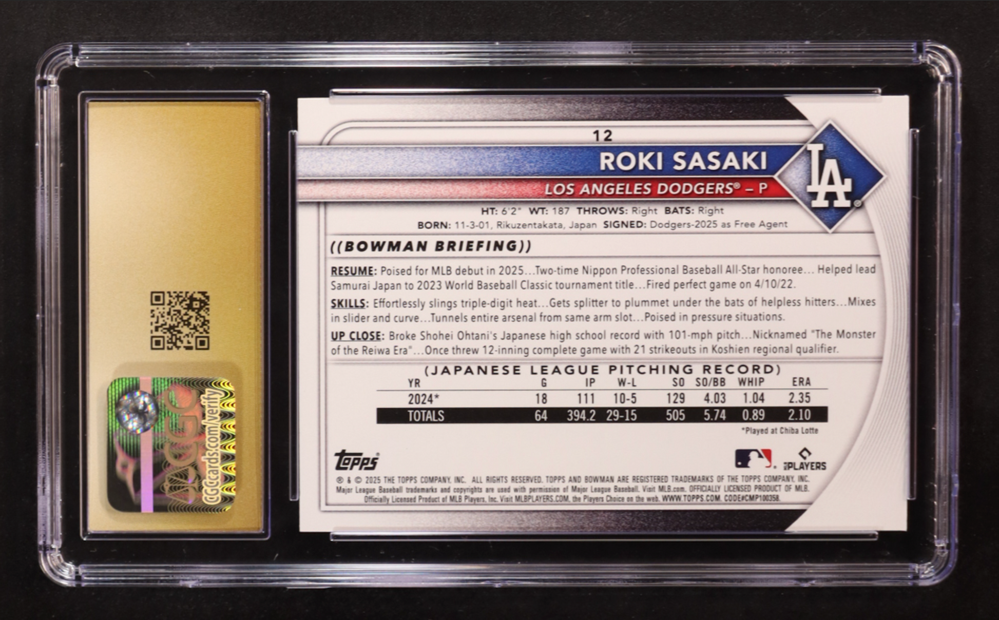 Roki Sasaki 2025 Bowman #12 RC (CGC Pristine 10) authentic-signatures