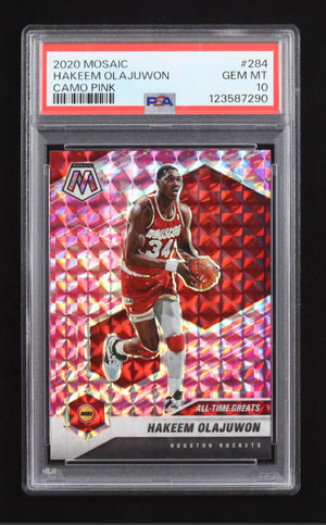 Hakeem Olajuwon 2020-21 Panini Mosaic Mosaic Camo Pink #284 (PSA 10)