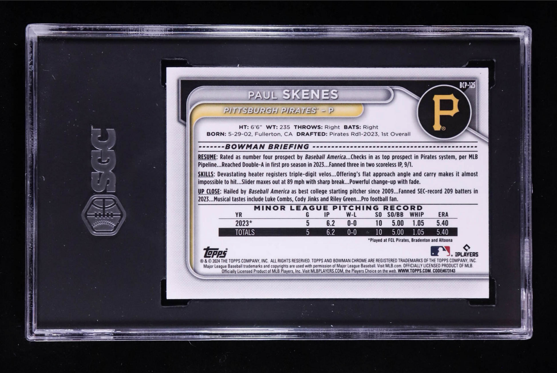 Paul Skenes 2024 Bowman Chrome Prospects Lunar Glow Refractors #BCP125 RC (SGC 9.5) authentic-signatures