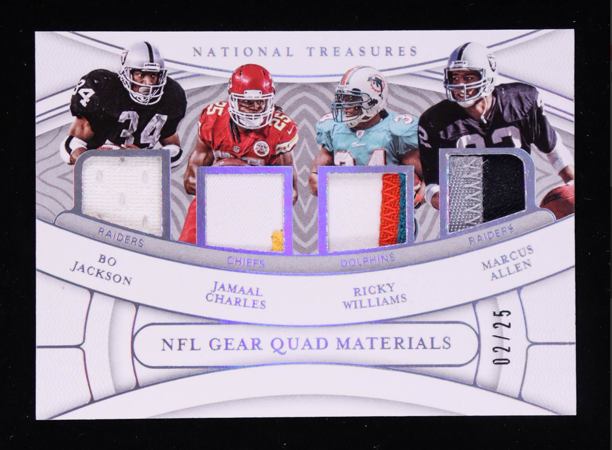 Bo Jackson / Jamaal Charles / Marcus Allen / Ricky Williams 2021 Panini National Treasures NFL Gear Quad Materials Holo Silver #13 #02/25 authentic-signatures