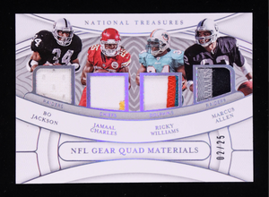 Bo Jackson / Jamaal Charles / Marcus Allen / Ricky Williams 2021 Panini National Treasures NFL Gear Quad Materials Holo Silver #13 #02/25 authentic-signatures