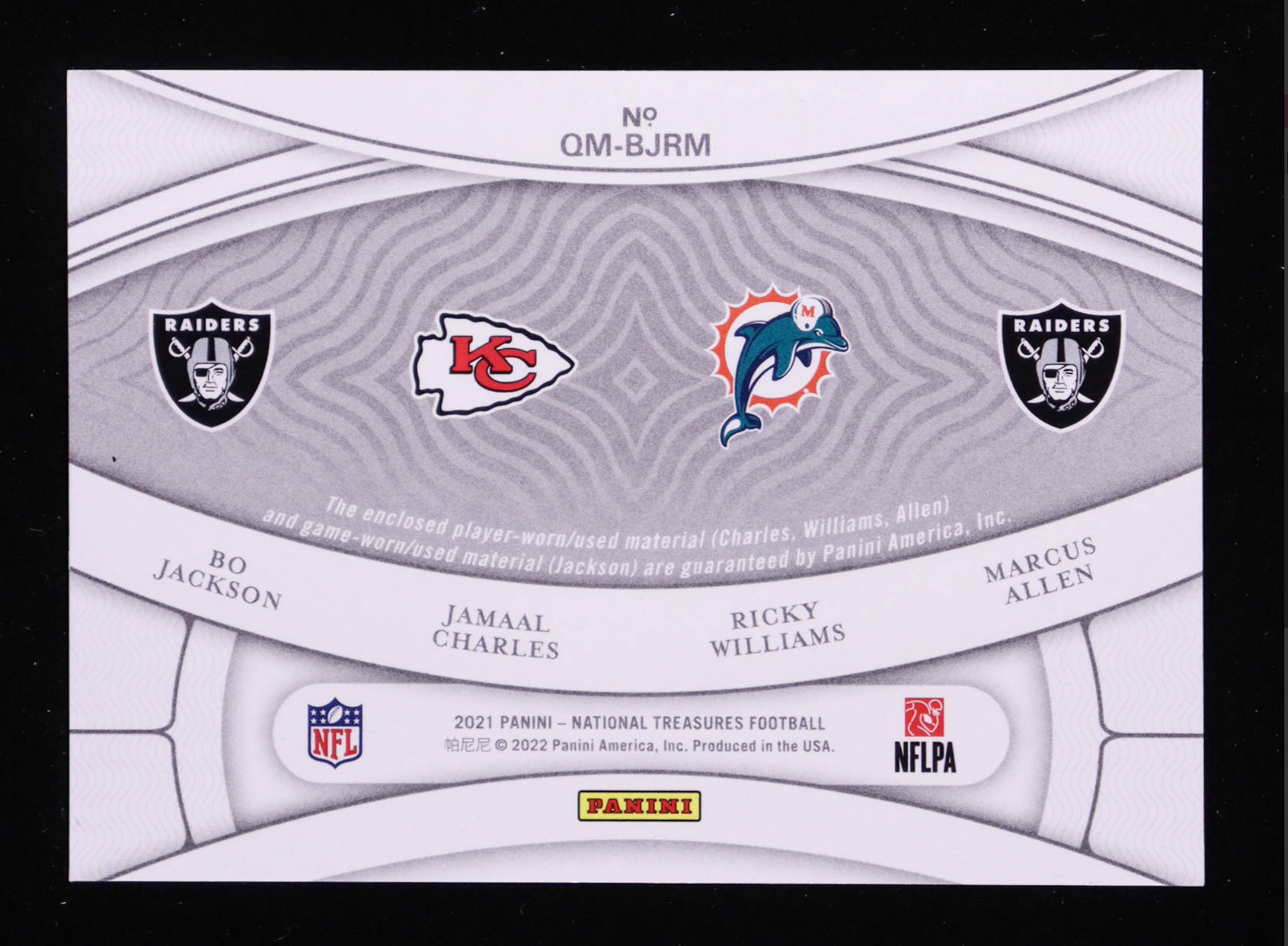 Bo Jackson / Jamaal Charles / Marcus Allen / Ricky Williams 2021 Panini National Treasures NFL Gear Quad Materials Holo Silver #13 #02/25 authentic-signatures