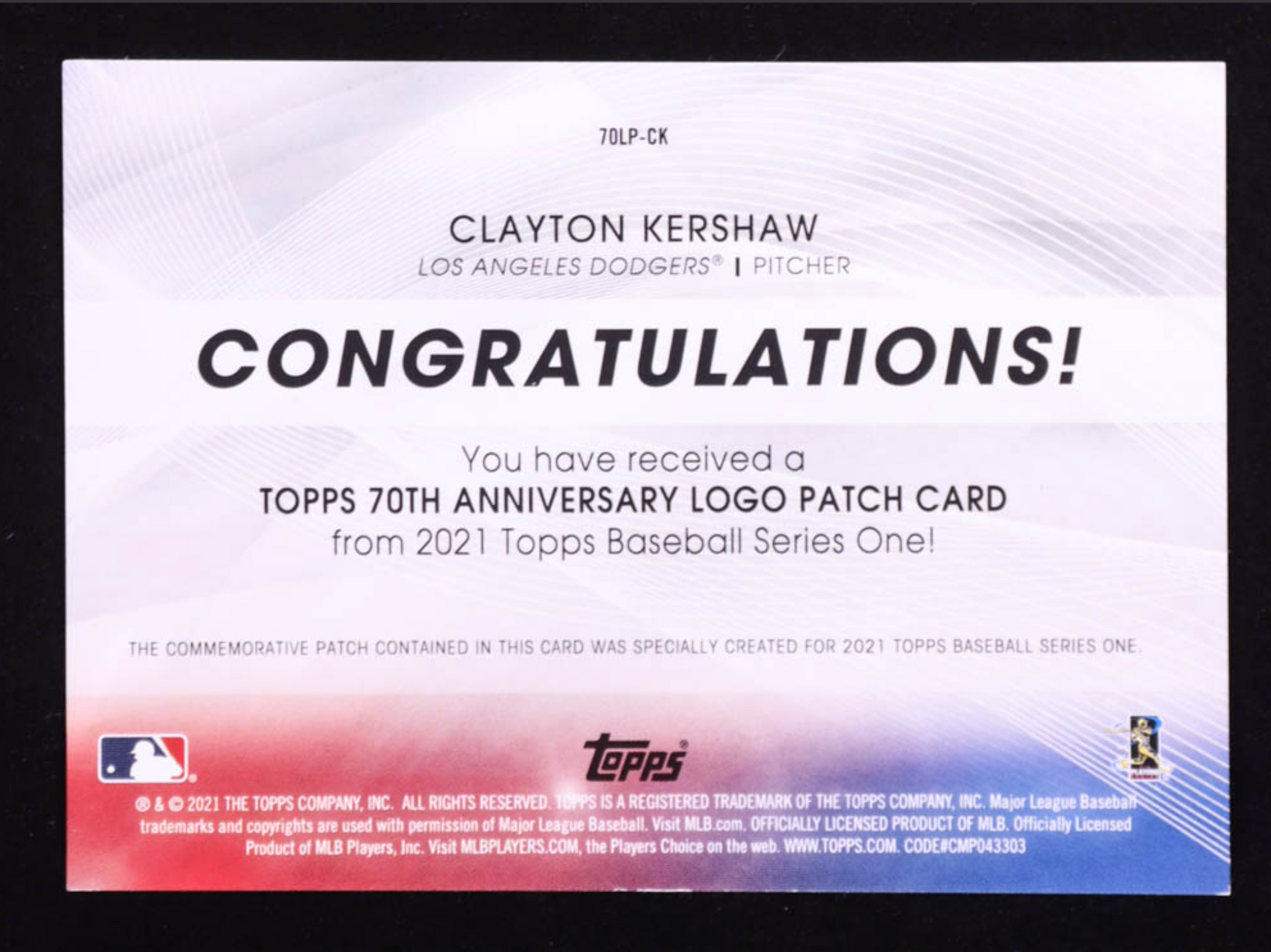 Clayton Kershaw 2021 Topps Series One 70th Anniversary Logo Patch #7OLP-CK authentic-signatures
