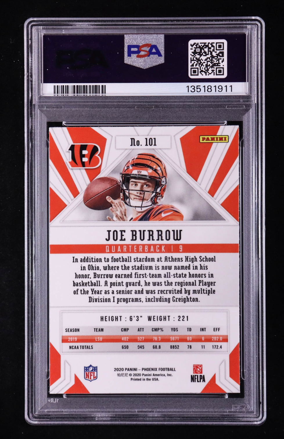 Joe Burrow 2020 Panini Phoenix Fire Burst #101 RC (PSA 10) authentic-signatures