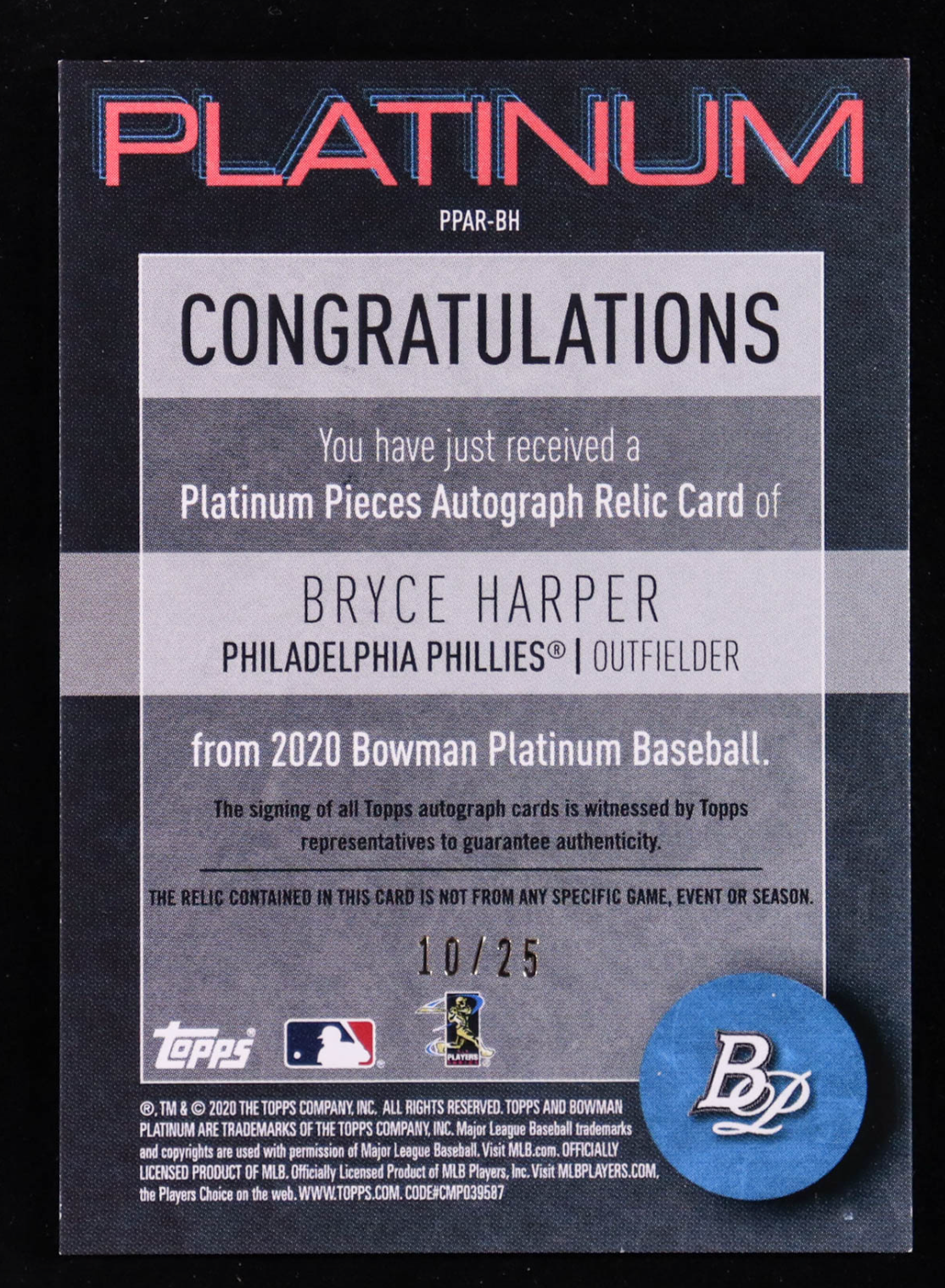 Bryce Harper 2020 Bowman Platinum Pieces Autograph Relics Orange #PPARBH #10/25 authentic-signatures