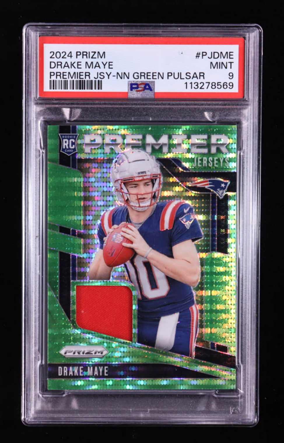Drake Maye 2024 Panini Prizm Premier Jerseys Neon Green Pulsar #6 RC (PSA 9) authentic-signatures