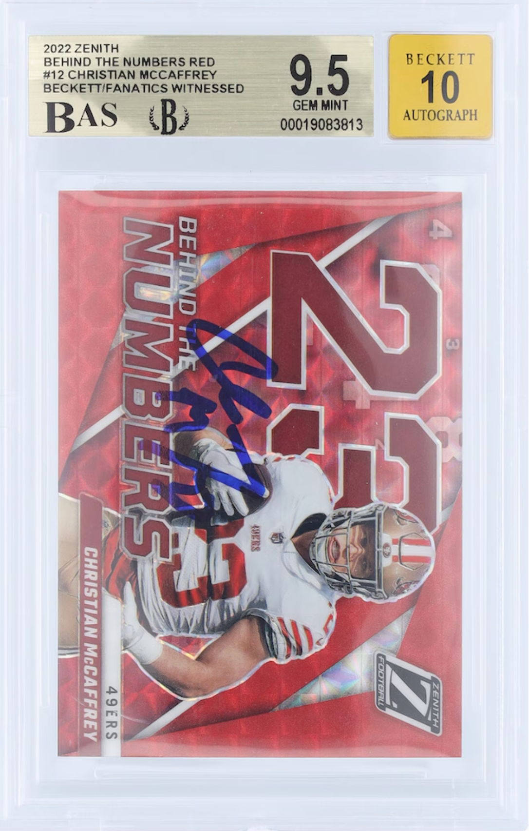 Christian McCaffrey San Francisco 49ers Autographed 2022 Panini Zenith Behind the Numbers Red #BN-CM (Beckett/Fanatics Witnessed 9.5 | Auto 10) authentic-signatures