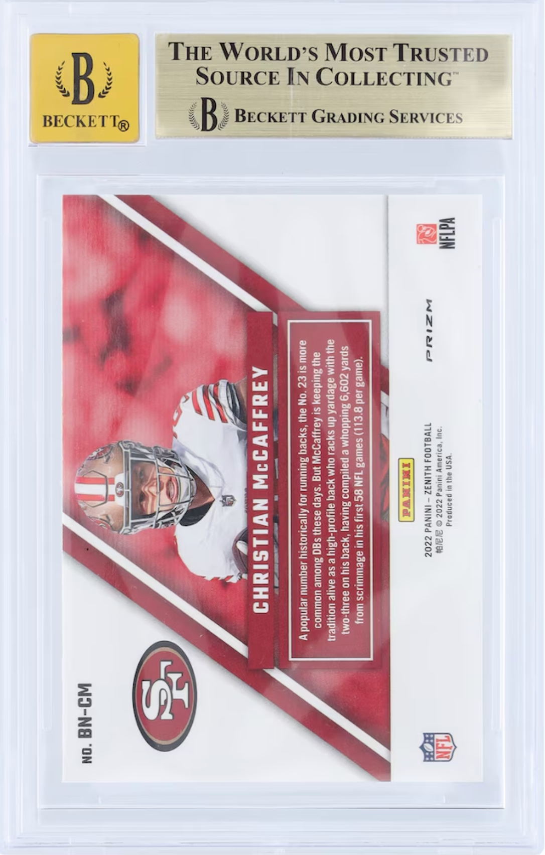 Christian McCaffrey San Francisco 49ers Autographed 2022 Panini Zenith Behind the Numbers Red #BN-CM (Beckett/Fanatics Witnessed 9.5 | Auto 10) authentic-signatures