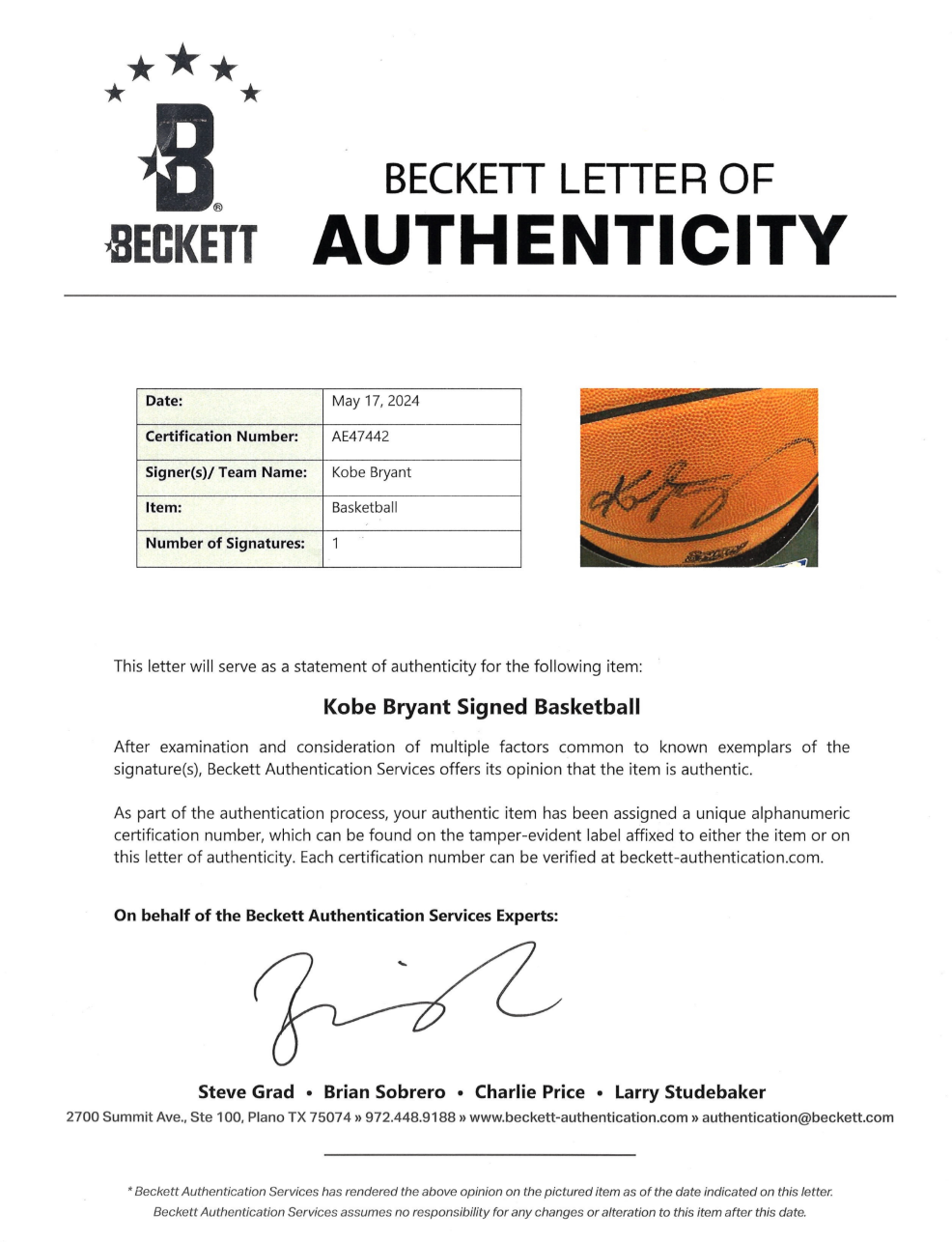 Kobe Bryant Signed 2001 NBA Finals Basketball, Certified by Beckett & PSA authentic-signatures NBA Authentic Signatures