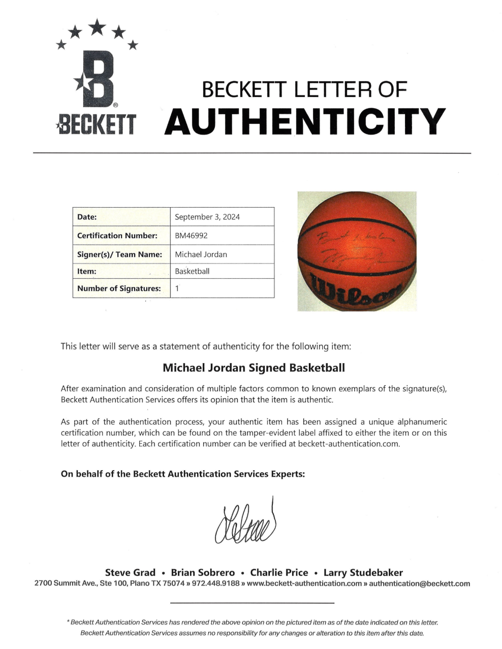 Basketball "Best Wishes" signe par Michael Jordan certifie par Beckett authentic-signatures