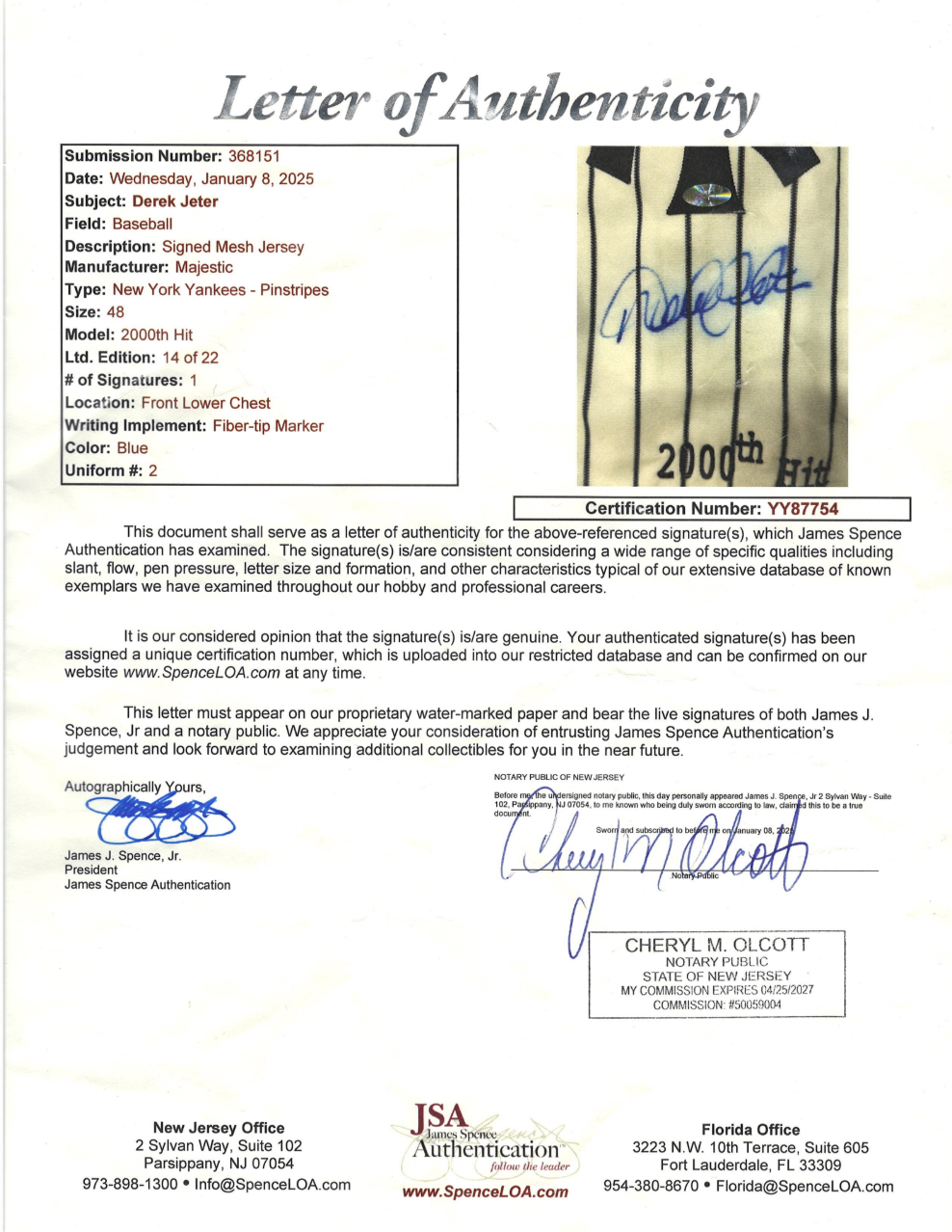 Derek Jeter Signed New York Yankees 2000th Hit Commemorative Jersey #14/22.Certified by JSA authentic-signatures