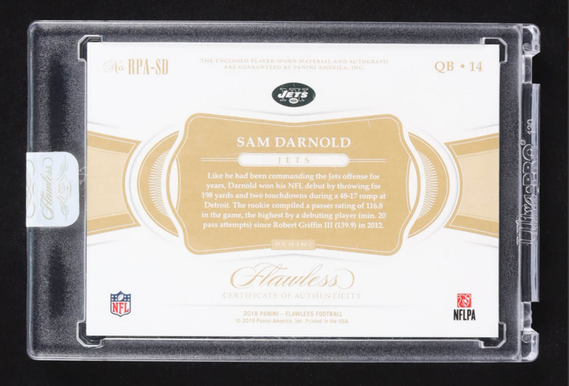 Sam Darnold 2018 Panini Flawless Autographs Patch #RPA-SD RC #11/15 authentic-signatures