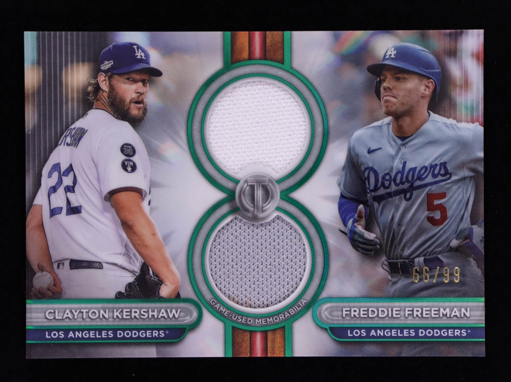 Freddie Freeman / Clayton Kershaw 2024 Topps Tribute Dual Player Relics Green #DR2KF #66/99 authentic-signatures
